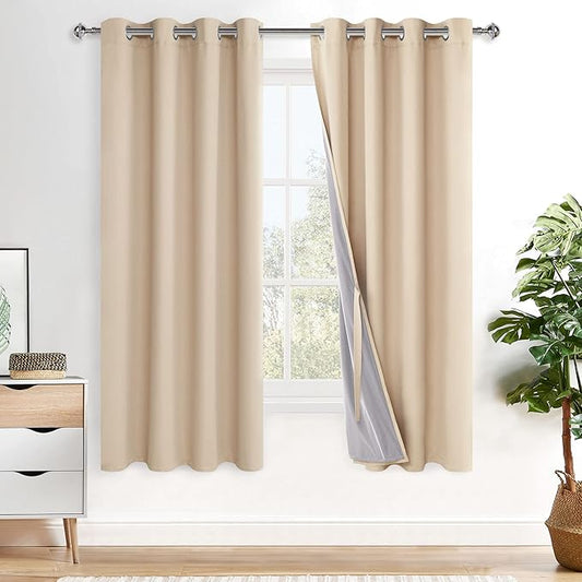 XWZO 100% Blackout Window Curtains with Tiebacks- Privacy Protection & Noise Blocking Window Draperies Grommet Top with Black Liner for Bedroom/Living Room, Biscotti Beige, W52 x L72, Set of 2 Panels
