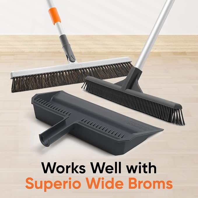 Superio Wide Plastic Dustpan with Comb - 16" Wide, Rubber Lip, Broom Handle Clip, Grey