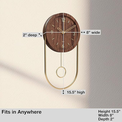 Driini Decorative Wall Clock with Pendulum (Dark) – Modern Wood, 3D Gold Numbers, Metal Frame – Small, Unique Wall Clocks for Living Room Decor or Bathroom - Battery Operated, Silent, Non-Ticking