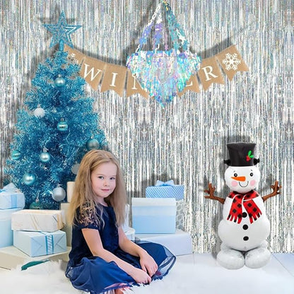 BRAVESHINE Silver Streamers Party Backdrop - 2Pcs 3.2x8.2ft Tinsel Foil Fringe Curtain for Christmas/New Years/Birthdays/Bachelorette/Anniversary/Engagement/Dance Ball/Winter’s Snowflake Decorations