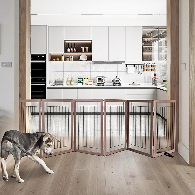 ZJSF Freestanding Dog Gate Indoor, Foldable Dog Fence for Doorways,Hallways or Stairs, Sturdy Wood Extra Wide Pet Gate with Support Feet,Brown,32 "Height-6 Panels