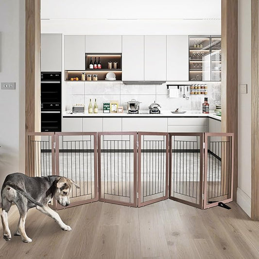 ZJSF Freestanding Dog Gate Indoor, Foldable Dog Fence for Doorways,Hallways or Stairs, Sturdy Wood Extra Wide Pet Gate with Support Feet,Brown,32 "Height-6 Panels