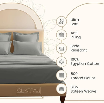 Egyptian Cotton Sheets Full Size Bed Set Deep Pockets, 800 TC Cotton Full Sheet Set, Soft Breathable Sateen Weave Elasticated Sheet & Pillowcase Sets, No Pill & Shrink, Machine Washable - Silver