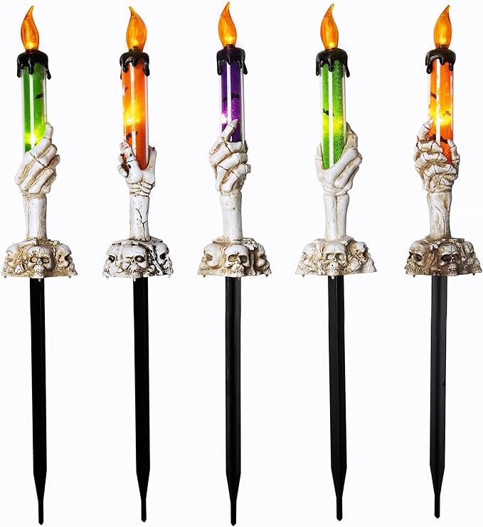 WATERGLIDE Halloween Candle Light Stakes, 5 Pack Skeleton Hands Hold Lighted Candle Pathway Makers, Waterproof Battery Operated with Timer, Light Up Figurine for Indoor Outdoor Holiday Party