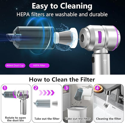 Car Vacuum,4-in-1 Mini Cordless Vacuum Cleaner with 3 Suction Modes&23000pa Suction,Portable Handheld Vacuum with LED Light,Multi-Nozzles&Brushless Motor&Air Dusters,TypeC for Car/Home/Pet/Office