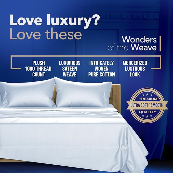 Texas Linen Co. 100% Egyptian Cotton Sheets King Size - 1000 High Thread Count Sheets King, 6 PC Luxury Hotel King Size Sheets Set, 16" Deep Pocket Sateen Weave Soft Cooling Bed Sheet Set - Light Blue