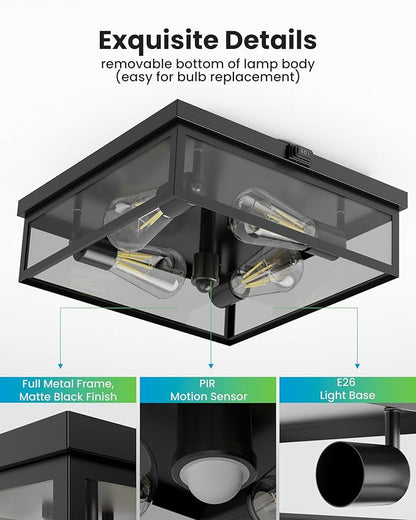 Caftersmark Outdoor Ceiling Light with Motion Sensor, Flush Mount Porch Ceiling Light, lear Glass with Dusk to Dawn 4-Light Close to Ceiling Light Fixture for Patio,Porch,Garage(14 in)