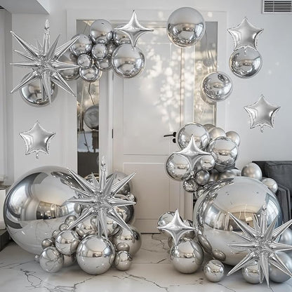 Silver Star Balloon,16Pcs Star Foil Balloons Set with 22Inch Explosion Spike Cone Balloons and 10Inch Quadrangle Helium Balloon for Birthday Wedding Baby Shower Party Decorations