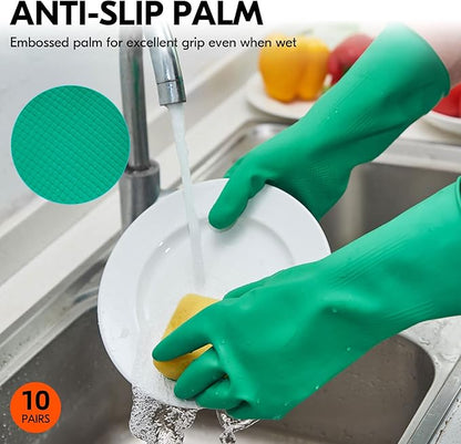 Vgo... 10-Pairs Reusable Household Gloves, Rubber Dishwashing gloves, Extra Thickness, Long Sleeves, Kitchen Cleaning, Working, Painting, Gardening, Pet Care (Size M, Green, HH4601)