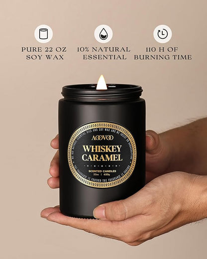 AOOVOO Scented Candles for Men - Large 22oz 120 Hours of Burn Time, Whiskey Caramel Candles for Home Scented | Crackling Wood Wick Soy Candle | Strong Fragranced Black Candle Gift for Women & Men