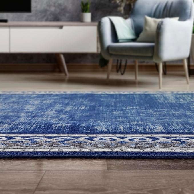 Antep Rugs Alfombras Bordered Modern 3x5 Non-Slip (Non-Skid) Low Pile Rubber Backing Indoor Area Rug (Navy, 3' x 5')