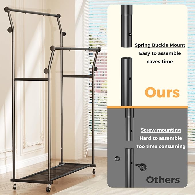 Double Rods Clothes Rack, Rolling Clothing Rack for Hanging Clothes with Hooks&Mesh Shelf, Portable Wardrobe Rack, Metal Coat Rack Sturdy Garment Rack for Bedroom Laundry Living Room Storage, Black