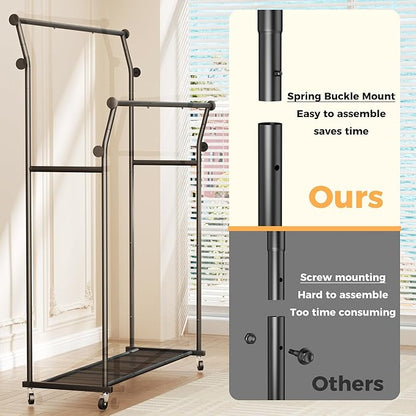 Double Rods Clothes Rack, Rolling Clothing Rack for Hanging Clothes with Hooks&Mesh Shelf, Portable Wardrobe Rack, Metal Coat Rack Sturdy Garment Rack for Bedroom Laundry Living Room Storage, Black