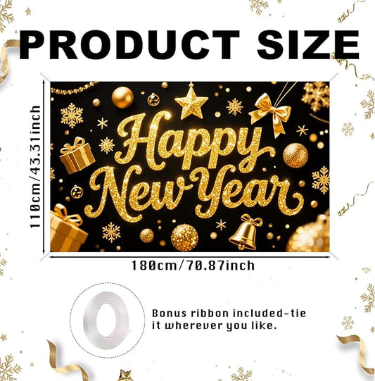 Nuxovilar Happy New Year Banner, Golden Opulent Elements Backdrop for Party Decorations, 71x43 Inch