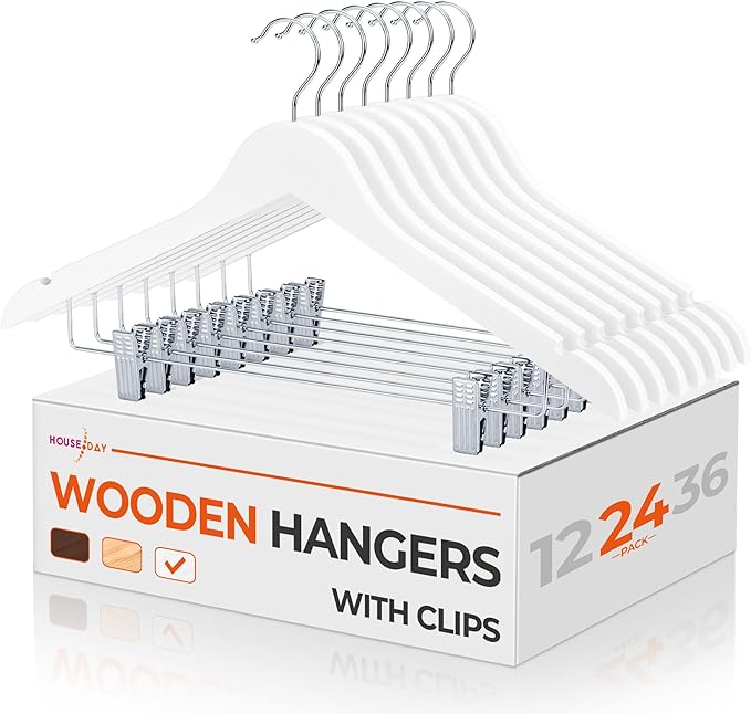 HOUSE DAY Wooden Hangers with Clips 24 Pack, Wood Clothes Hangers Smooth Finish Wooden Hanger Premium Wood Hanger for Clothes Suit, White