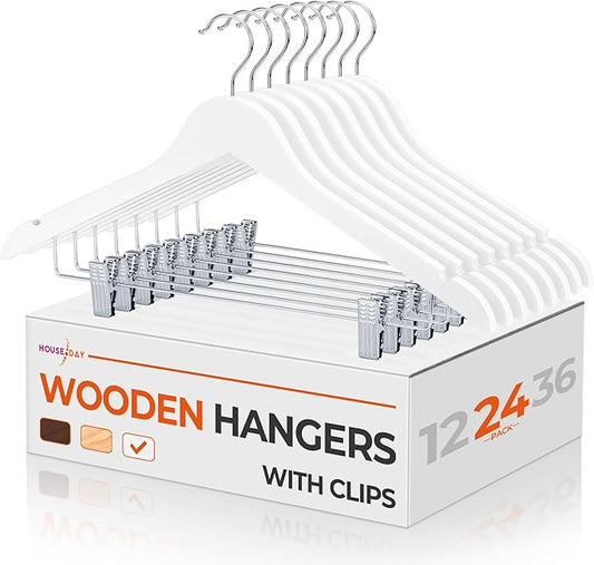 HOUSE DAY Wooden Hangers with Clips 24 Pack, Wood Clothes Hangers Smooth Finish Wooden Hanger Premium Wood Hanger for Clothes Suit, White