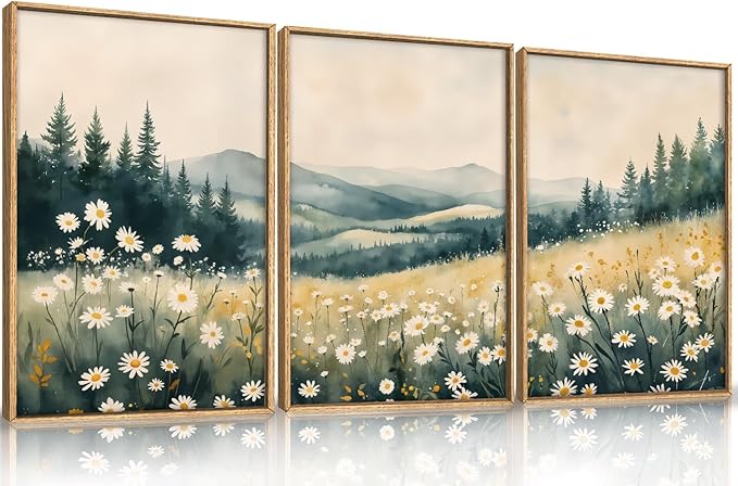 Large Misty Mountain Framed Canvas Wall Art,Nature Daisy Flower Wall Decor,Modern Foggy Forest Wall Painting,Abstract Woodland Landscape Artwork for Living Room,Bedroom,Dining Room-16"x24"x3