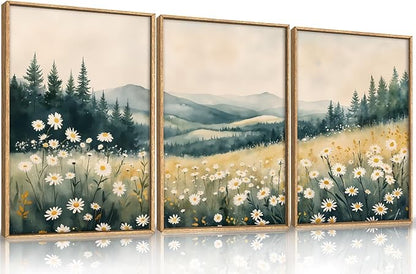 Large Misty Mountain Framed Canvas Wall Art,Nature Daisy Flower Wall Decor,Modern Foggy Forest Wall Painting,Abstract Woodland Landscape Artwork for Living Room,Bedroom,Dining Room-16"x24"x3