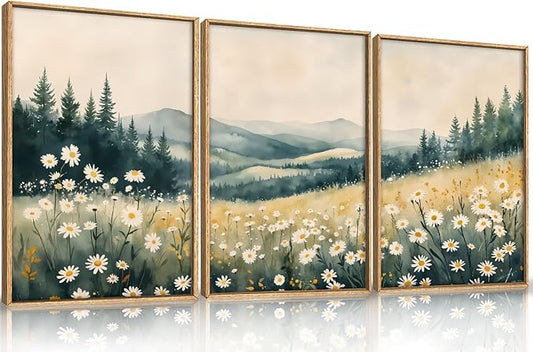 Large Misty Mountain Framed Canvas Wall Art,Nature Daisy Flower Wall Decor,Modern Foggy Forest Wall Painting,Abstract Woodland Landscape Artwork for Living Room,Bedroom,Dining Room-16"x24"x3