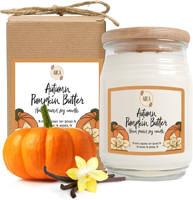 Aira Fall Soy Candles - Organic, Kosher, Vegan, Farmhouse Candle w/Aromatherapy Essential Oils - Hand-Poured 100% Soy Candle Wax - Paraffin Free, Burns 150+ Hours - Autumn Pumpkin Butter - 20 Ounces