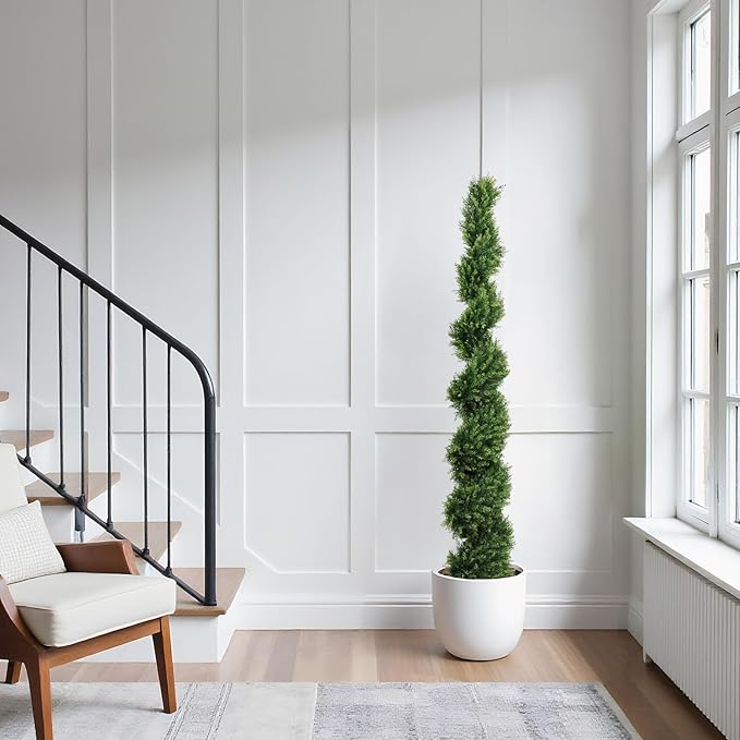 THE BLOOM TIMES 6ft Spiral Artificial Topiary Trees Set of 2, 71 inch Faux Cedar Trees for Outdoor Planters - Fake Twist Cypress Plants for Garden Front Porch Indoor Outside Christmas Decor 6 Foot