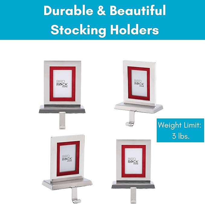 BIRDROCK HOME Photo Frame Stocking Holders - Holiday Greetings Mantle Fireplace Topper - Decorative Christmas Stocking Holder - Stainless Steel (Rectangle - Set of 4)