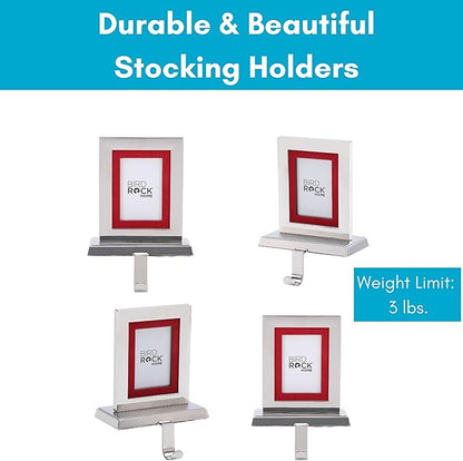 BIRDROCK HOME Photo Frame Stocking Holders - Holiday Greetings Mantle Fireplace Topper - Decorative Christmas Stocking Holder - Stainless Steel (Rectangle - Set of 4)