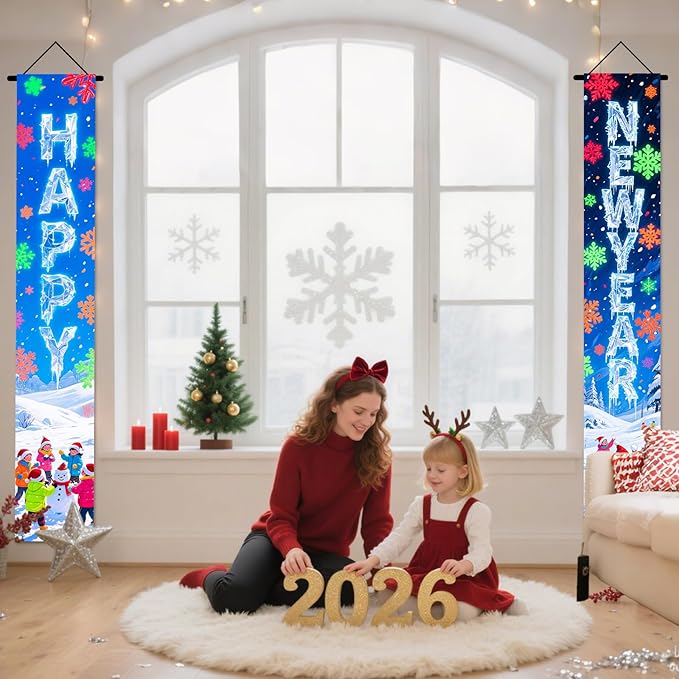 Nuxovilar Happy New Year Banner, 70.86" x 11.81" Colorful Balls Fireworks Hanging Decorations for Outdoor Indoor Home Wall