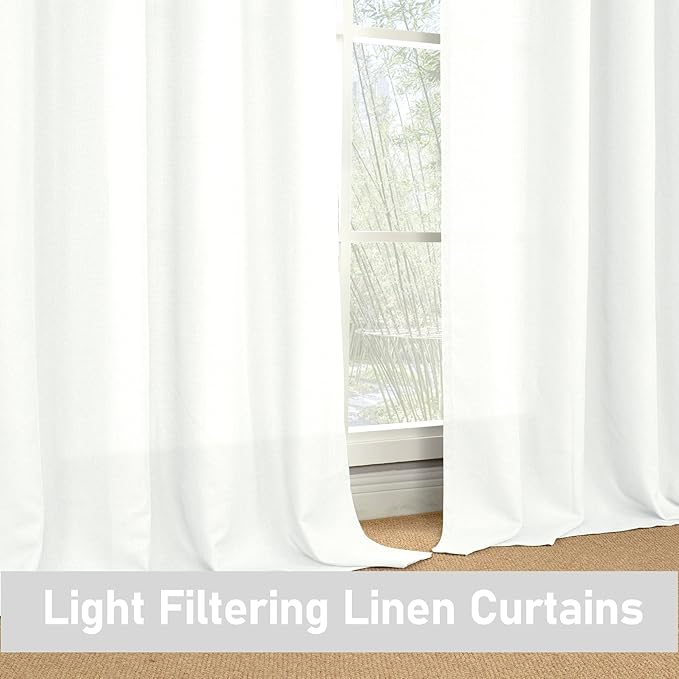 LAMIT White Linen Curtains 45 inch Length 2 Panels, Linen Textured Light Filtering Curtains Privacy Grommet Window Drapes for Bedroom/Living Room/Farmhouse, W42 x L45 Inches