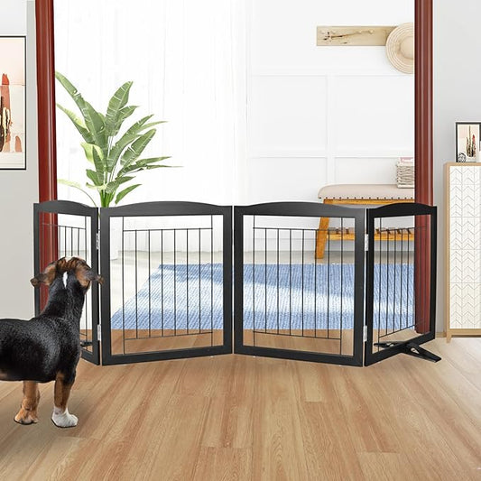 ZJSF Freestanding Dog Fence Indoor, Foldable Dog Gate for Doorways, Stairs or Hallways, Sturdy Wood Extra Wide Pet Gate with Support Feet for The House, Black, 24 "Height-4 Panels