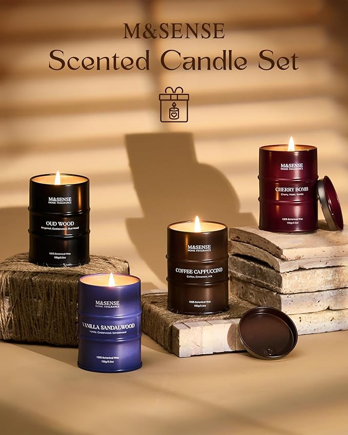 Winter Candles Set | Holiday Scented Candles Gift Set | 4 Pack Candles for Home Scented Candle,Cherry Vanilla Oud Sandalwood Coffee Candle,Gift Set for Women and Men,Soy Wax 14 oz 86 Hour