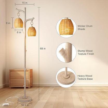68" High Farmhouse Rustic Country Cottage Floor Lamp Tree Trunk Faux Wood Column White Washed Wicker Drum Shade Decor for Living Room Bedroom Reading Room