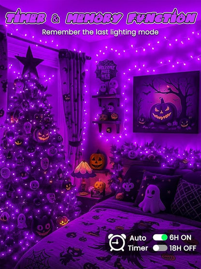 Halloween String Lights Battery Operated with Auto Timer, 33FT 100 LED Waterproof LED Purple String Lights with 8 Modes, Fairy Twinkle Light for Indoor & Outdoor Party Bedroom Halloween Decorations