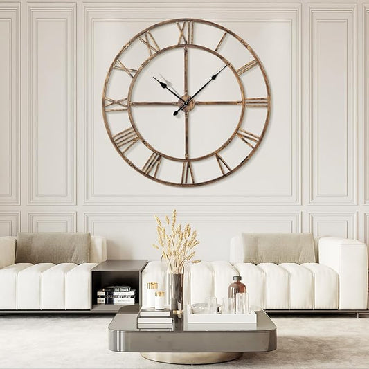 Large Wall Clock for Living Room Decor – 60 Inch Silent Non-Ticking Modern Farmhouse Wall Clock, Oversized Decorative Metal Roman Numeral Clock (Bronze, 60 Inch)