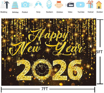 2026 Happy New Year Backdrop Black Gold New Years Eve Photography Background Gold Glitter Backdrop for 2026 New Year Party Decorations (7x5FT（210x150cm）)