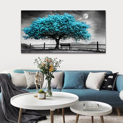KELIYUAN Wall Art Black White Grey Background Home Decor Blue Tree Of Life Canvas Wall Painting Living Room Decor Office Bedroom Bathroom Corridor Decor Artwork, Can Be Hung Directly 24x48 Inches
