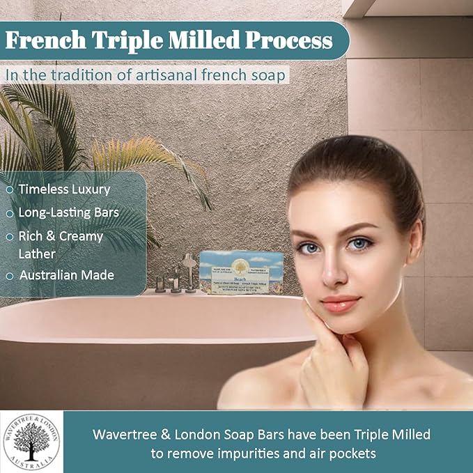 Wavertree & London Beach Scented Natural Soap (8 Bars), 7oz Moisturizing French Triple Milled Soap Bars enriched with shea butter - Pure Plant Oil Bath & Body Bars for All Skin Types