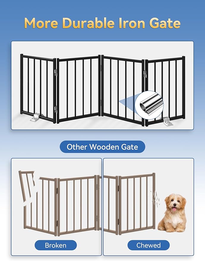 Metal Short Dog Gate, 16.5" High to Step-Over, Free Standing Foldable Pet Gate, Up to 96" Wide Puppy Fence for Stairs and Doorways, Indoor & Outdoor Use, No Drilling and No Assembly, Black