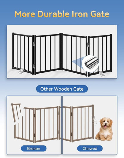 Metal Short Dog Gate, 16.5" High to Step-Over, Free Standing Foldable Pet Gate, Up to 96" Wide Puppy Fence for Stairs and Doorways, Indoor & Outdoor Use, No Drilling and No Assembly, Black