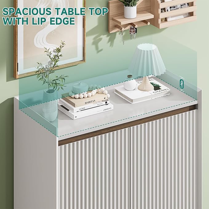 White Fluted Shoe Cabinet with Adjustable Shelves, Shoe Cabinet Storage for Entryway Hallway Living Room Bedroom, Shoe Rack Cabinet with 2 Doors 2PC, White & Walnut 43.7” H