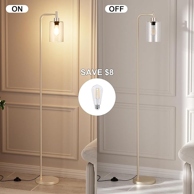 Floor Lamps for Living Room - Industrial Standing Lamp with Glass Shade, Modern Gold Floor Lamp with LED Bulb, Tall Lamp for Bedroom Office - Light Gold