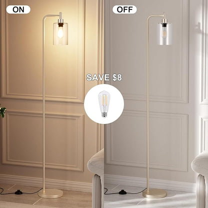Floor Lamps for Living Room - Industrial Standing Lamp with Glass Shade, Modern Gold Floor Lamp with LED Bulb, Tall Lamp for Bedroom Office - Light Gold