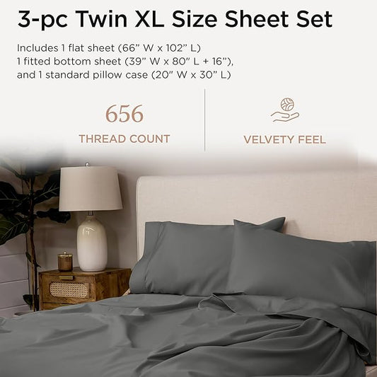 Threadmill Twin XL Sheet Sets |656 Thread Count 100% Supima Cotton Sheets for Twin XL Mattress | Solid Sateen Twin XL Bed Sheets Set with 16” Deep Pocket | Soft 3-Piece Cooling Sheet Set | Dark Grey