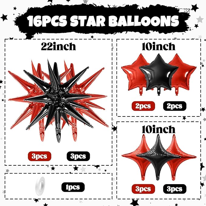 Red Black Star Balloon,16Pcs Star Foil Balloons Set with 22Inch Explosion Spike Cone Balloons and 10Inch Quadrangle Helium Balloon for Birthday Wedding Baby Shower and Halloween Party Decorations