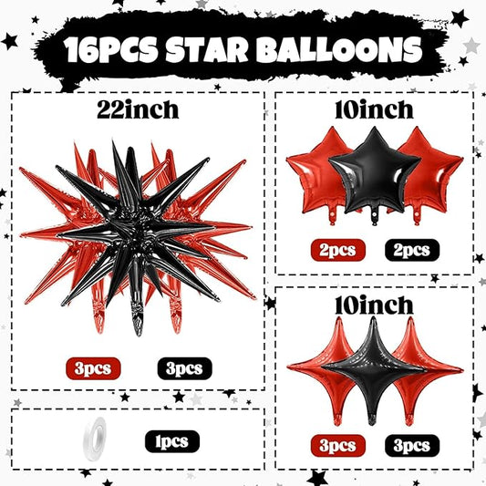 Red Black Star Balloon,16Pcs Star Foil Balloons Set with 22Inch Explosion Spike Cone Balloons and 10Inch Quadrangle Helium Balloon for Birthday Wedding Baby Shower and Halloween Party Decorations