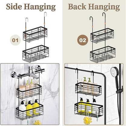 DELLAN 2-Tier Shower Hanging Caddy, Shower Rack with Hooks Over the Door, Stainless Steel Hanging Orangizer and Basket (Black)