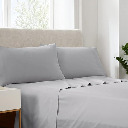 Serta Simply Clean Super Soft Hypoallergenic Stain Resistant Deep Pocket 4 Pieces Solid Bed Sheet Set, Queen, Silver Grey