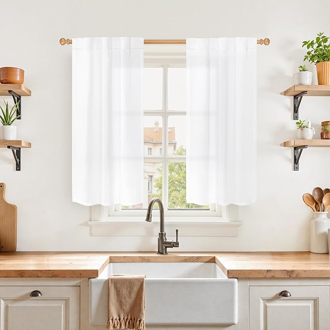 YoungsTex White Linen Kitchen Window Curtains for Over Sink - Short Half Drapes Semi Sheer with Back Tab Light Filtering for Cafe Bathroom Window, 2 Panels, 30 X 40 Inch