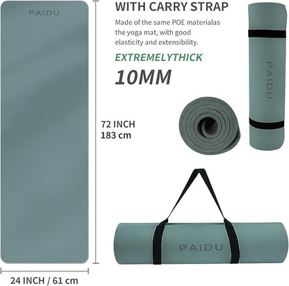 Yoga Mat Non Slip Anti-tear,extra thick-2/5 inch（10MM）High Resiliency Professional POE Yoga Mats for Women Men Kids,72"x24"inch,Workout, Yoga, Pilates and Floor Exercise, with Carrier Strap