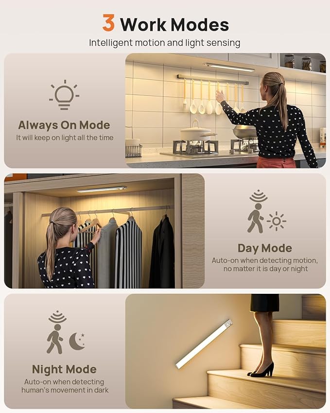 Under Cabinet Lights,80 LED Motion Sensor Light Indoor,4000mAh USB Rechargeable Closet Lights with Remote Control,3 Color Temps Wireless Under Counter Lights for Bedroom,Kitchen,Stairs,5 Pack